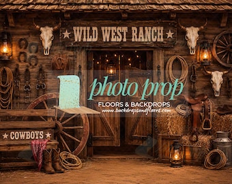 Wild West Ranch Photography Backdrop, Rustic Cowboy Barn, Rodeo Props, Hay Bales, Wagon Wheel, Saddle, Boots, Western Birthday