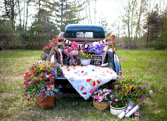 Vintage Flower Truck Photography Backdrop   Floral, Flowers, Outdoors,  Spring, Summer, Market, Shop, Antique, Easter Rustic Pick up For Sale