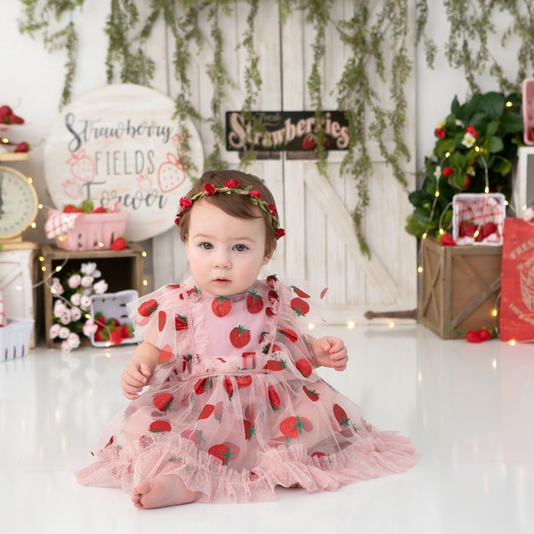 Strawberry Farmers Market Photography Backdrop - Cake Smash, Jars Jam, Strawberries, Two Sweet, Fresh Picked, Birthday Shortcake Fruit Stand