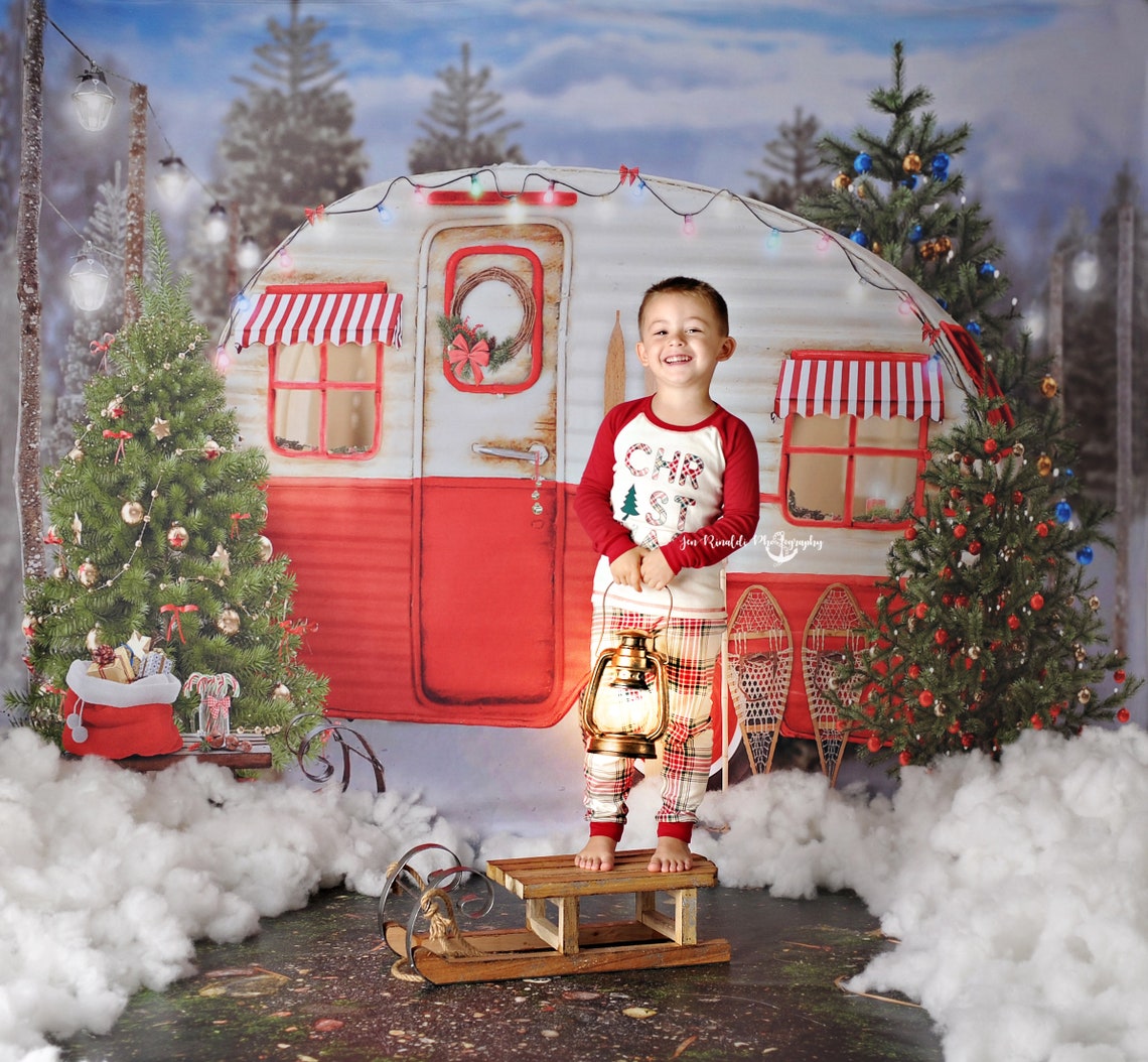 Christmas Camper Photography Backdrop Snow Trailer | Etsy