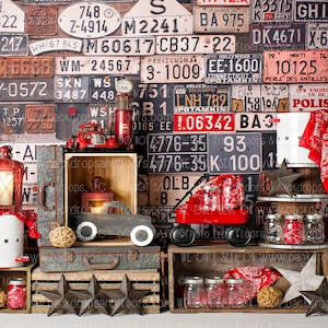 Mechanic Workshop Vintage License Plates Photography Backdrop - Tools, Grease, Gas Station, Dads Garage, Car, Birthday, Cake Smash, Hot Rods