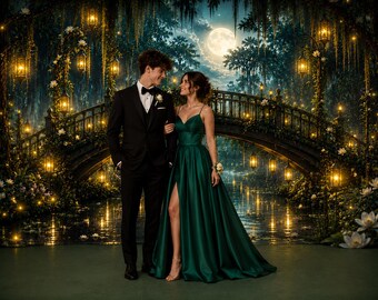 Firefly Bayou Swamp Bridge Photography Backdrop, Magical Night Fireflies and Lanterns, Storybook Louisiana Cajun Princess
