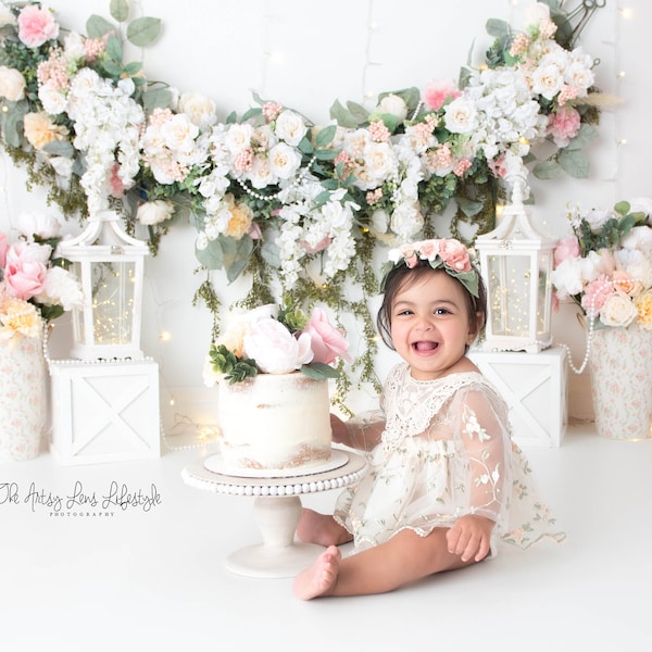 Pretty Chic Floral Elegant Photography Backdrop - White, Pink Curtains, Greenery, Flowers, Roses, Boho, Bohemian, Cake Smash, Party Birthday