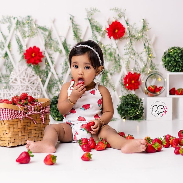 Strawberry Photography Backdrop - Cake Smash, Jars, Jam, Strawberries, Sweet, Fresh Picked, Farmers Market, Birthday, Shortcake, Stand