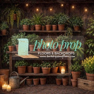 May include: A rustic wooden potting shed filled with potted plants on shelves. The scene is illuminated by string lights and a lantern. The image is a photo prop for floors and backdrops.