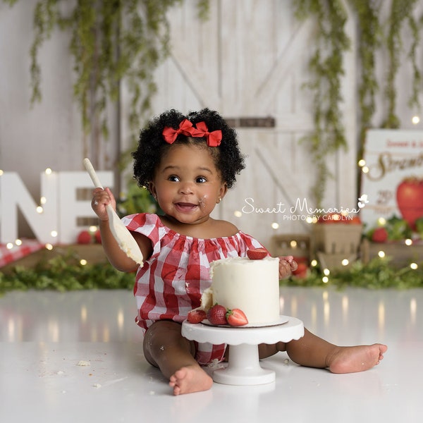 Strawberry Farmers Market Photography Backdrop - Cake Smash, Jars Jam, Strawberries, Two Sweet, Fresh Picked, Birthday Shortcake Fruit Stand