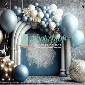 Surreal Silver & Blue Balloon Arch Photography Backdrop - Glittery, Shiny, Arch, White, Floating, Balloons Garland Glitter Winter Wonderland
