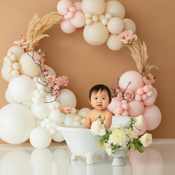 Neutral Boho Floral Balloon Wreath Photography Backdrop - Hoop, Roses, Natural, Bohemian, Tan, Cream, White, Pampas, Spring, Minimalistic