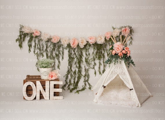 Chic Doors and Flowers Photography Backdrop Floral Garland, Hanging Greenery,  Roses, Cake Smash, Boho, Bohemian, Roses, Floral 
