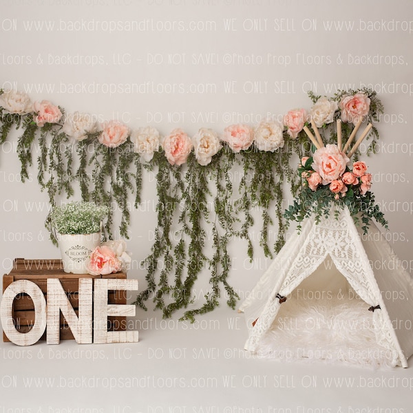 Floral Tepee 1st Birthday Photography Backdrop, Boho Cake Smash, Shabby Chic Lace and Roses, Boho ONE