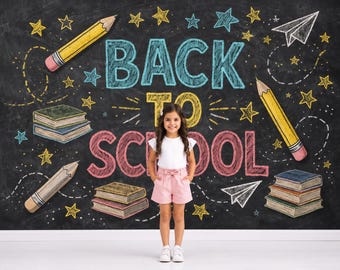 Chalkboard Photography Backdrop, Back to School, Books, Pencils, Paper Airplanes, Classroom Portrait Background, First Day Photos