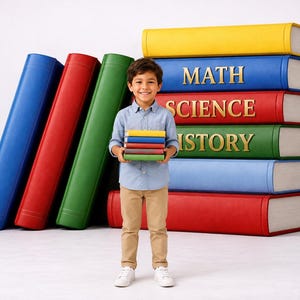 May include: A young person smiles, holding a stack of colorful books. Behind them are large books labeled "MATH," "SCIENCE," and "HISTORY." The books are in various colors, including blue, red, green, and yellow. The person is wearing a blue shirt and khaki pants.