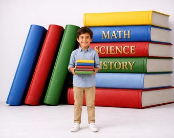 Giant Stacked Books  Back to School Photography Backdrop, Math Science History Books, School Library Theme, Portraits First Day Photos