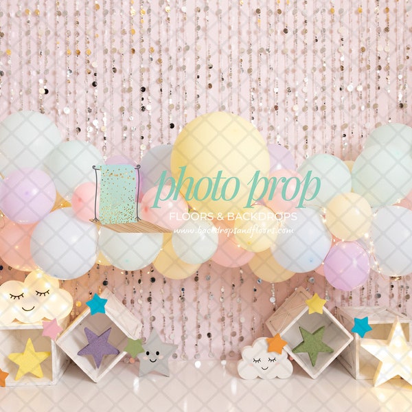 Pastel Rainbow Photography Backdrop - Balloon Garland, Arch, Stars, Clouds, Beaded Curtain, Birthday, Cake Smash, Twinkle Twinkle, Lights