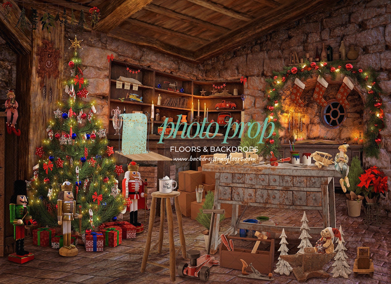 Santa's Workshop, Christmas Toy Shop Photography Backdrop