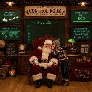 May include: A North Pole control room backdrop featuring Santa Claus in a red suit sitting in a chair while a child in a patterned sweater whispers in his ear. The scene includes digital screens displaying sleigh status, a nice list, and weather reports.