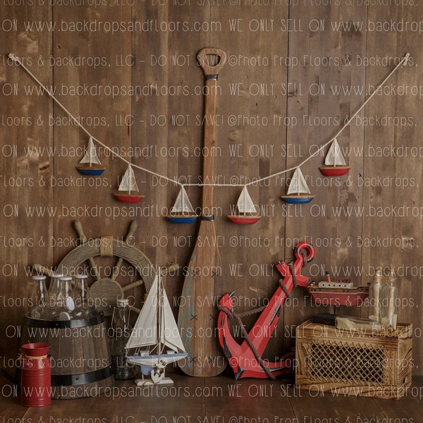 Rustic Nautical Photography Backdrop - Boats, Ocean, Anchor, Fishing, Sun, Sailboat, Float, Fishing, Beach, Dark Wood, Fisherman, Fish