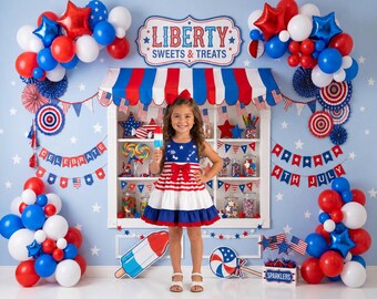 Liberty Sweets Dessert Shop Backdrop, Patriotic Candy Shop Photography Background, Fourth of July Treat Window Theme