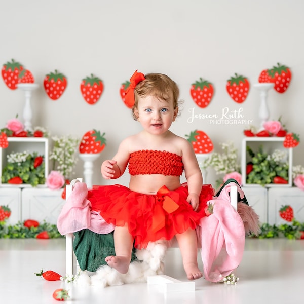 Strawberry Photography Backdrop - Picnic, Strawberries, Two Sweet, Fresh Picked, Farmers Market, Shortcake, Fruit Stand, Roses, Cake Smash