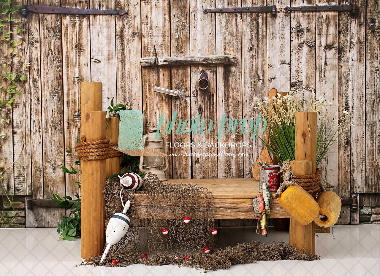 Gone Fishing Photography Backdrop Dock, Lake, Rustic, Net, Catch