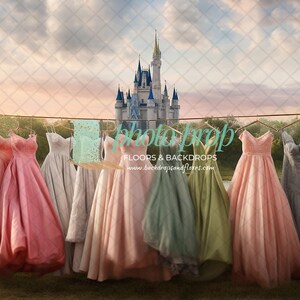 Fairytale Princess Gowns Castle Photography Backdrop - Dresses, Clothes Line, Glass Slipper, Godmother, Magical Cinderella Upon A Time Story