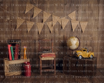 Rustic Back to School Photography Backdrop - Books, Globe, Burlap, Graduation, Children, Teachers, Education, Vintage, Pre School, Class