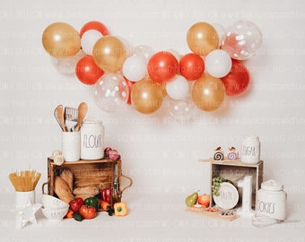 Baker Photography Backdrop - Bakery, Baking, Cooking, Pastries, Desserts, Pies, Cakes, Cook, Balloon Garland, Cake Smash, Party, Birthday