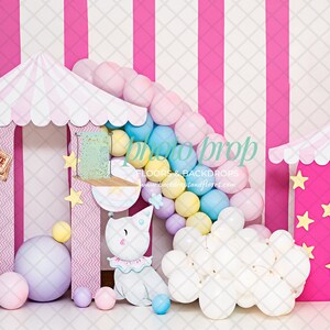 Pink & White Pastel Circus Photography Backdrop - Seal, Tent, Big Top, Balloon Arch, Tickets, Carnival, Stars Clown Seal Cake Smash Birthday