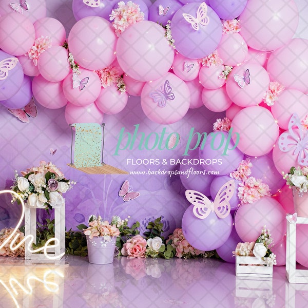 Butterfly Photography Backdrop - Butterflies, Purple, Pink, Balloon Garland, Arch, Flowers, Floral, Roses, Flying Spring Cake Smash Birthday