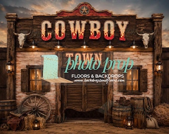 Western Cowboy Town Photography Backdrop, Rustic Saloon Doors, Old West Ranch, Barn Wood, Wagon Wheel, Rodeo Birthday Cake Smash