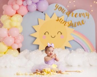 Sunshine Balloon Arch First Photography Birthday Backdrop, Pastel Sun Rainbow Cake Smash Photography Background, Ray of Sunshine