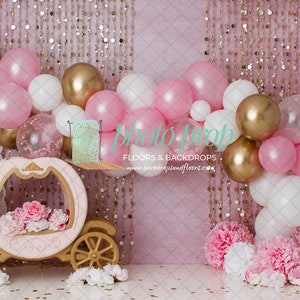 Gold and Pink Carriage Photography Backdrop - Princess, Sparkling, Pink, White, Fairy Tale, Cake Smash, Flowers, Floral, Birthday Cinderella