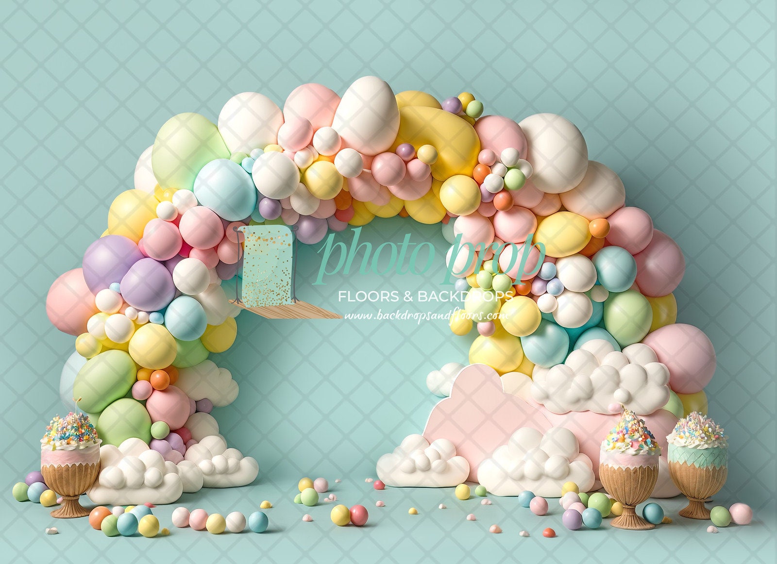 Surreal Pastel Rainbow Ice Cream Photography Backdrop Balloon arch Clouds Sundae Sweets two sweet 2 sweet Snacks Sprinkles