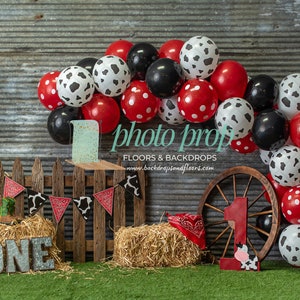 Western Photography Backdrop - Country, Cowboy, Cowgirl, Rustic, Cows, Balloons, Horse, Hay Bales, Rodeo, Outlaws, Wild West, Howdy, Partner