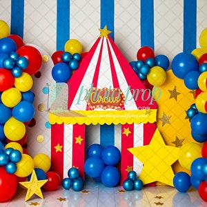 Vintage Red & White Circus Tent Photography Backdrop - Big Top, Carnival, Fair, Rides, Tickets, Amusement, Stars, Blue, Birthday, Cake Smash