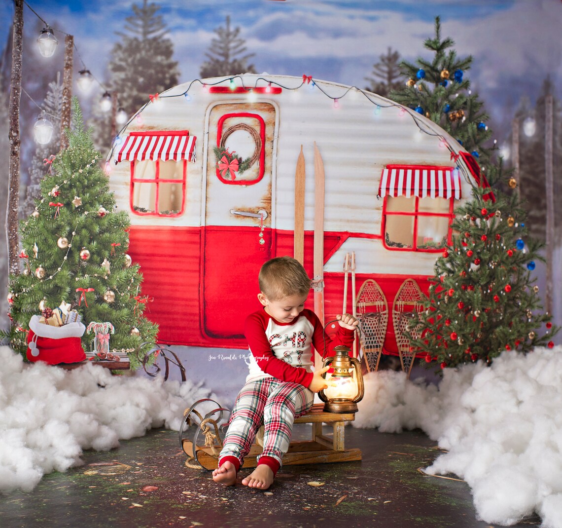 Christmas Camper Photography Backdrop Snow Trailer | Etsy