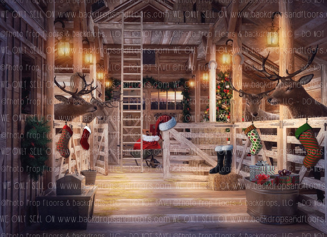 Santa's Reindeer Barn Photography Backdrop Christmas Etsy