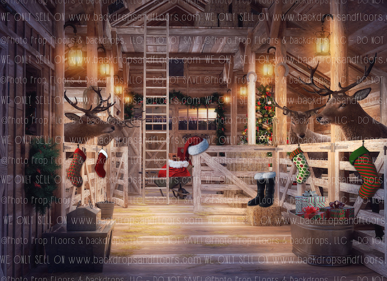 Santa's Reindeer Barn Photography Backdrop Christmas Etsy
