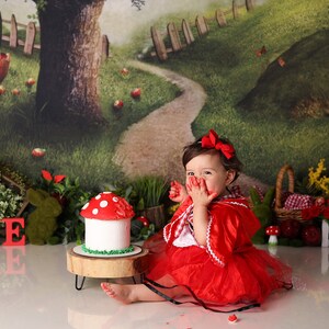 May include: A young girl in a red dress with a white collar and a red bow in her hair is sitting in front of a mushroom-shaped cake. The cake is decorated with white frosting and red dots. The girl is holding her hands in front of her face and smiling. The background is a green and brown forest scene with a path leading through it.