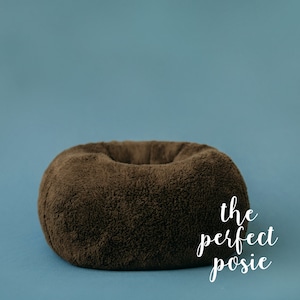 May include: A brown, fluffy donut-shaped pillow for newborn photography. The text "the perfect posie" is written in white cursive on the right side of the pillow.