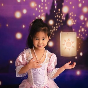 Princess Castle Photography Backdrop - Rapunzel, Tangled, Fairy Tale, Glowing Lanterns, Fairy Tale, Night, Boat, Water, Purple, Lights Tower