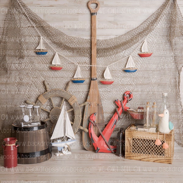 Nautical Photography Backdrop - Boat, Oars, Anchor, Sailboat, Fish, Net, Helm, Summer, Wood Planks, Navy, Red, Boating, Fishing, Sailing