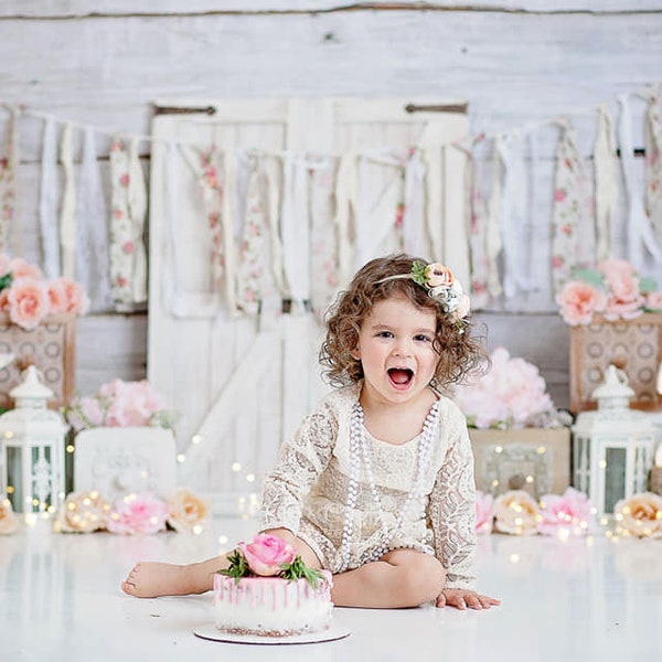 Chic Photography Backdrop - Farmhouse, Roses, Flowers, Floral, One Year, Cake Smash Party, boho Bohemian Birthday, Rustic Wood Planks