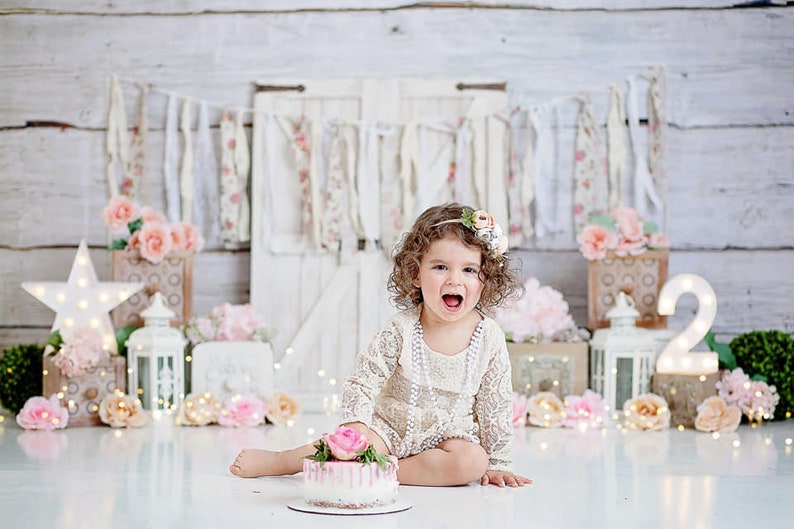 Chic Photography Backdrop Farmhouse, Roses, Flowers, Floral, One Year, Cake Smash Party, boho Bohemian Birthday, Rustic Wood Planks image 1