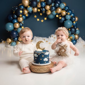 Twinkle Stars & Clouds Photography Backdrop - Balloon Arch, Navy Blue, Gold, Sky, Celestial, Fairy Lights, Garland, Cake Smash Birthday Prom