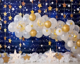 Twinkle Stars Photography Backdrop - Balloon Garland, Arch, Blue, Gold, Clouds, Sky, Stars, Shine, Cake Smash, Birthday, Party