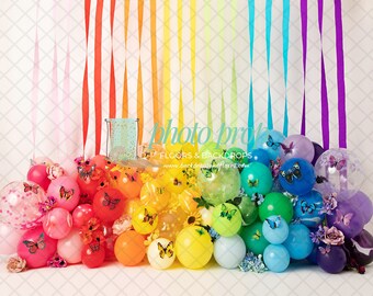 Rainbow & Butterflies Balloon Wall Photography Backdrop - Streamers, Floral, Flowers Baby spring, Birthday, Cake Smash Party St patricks Day