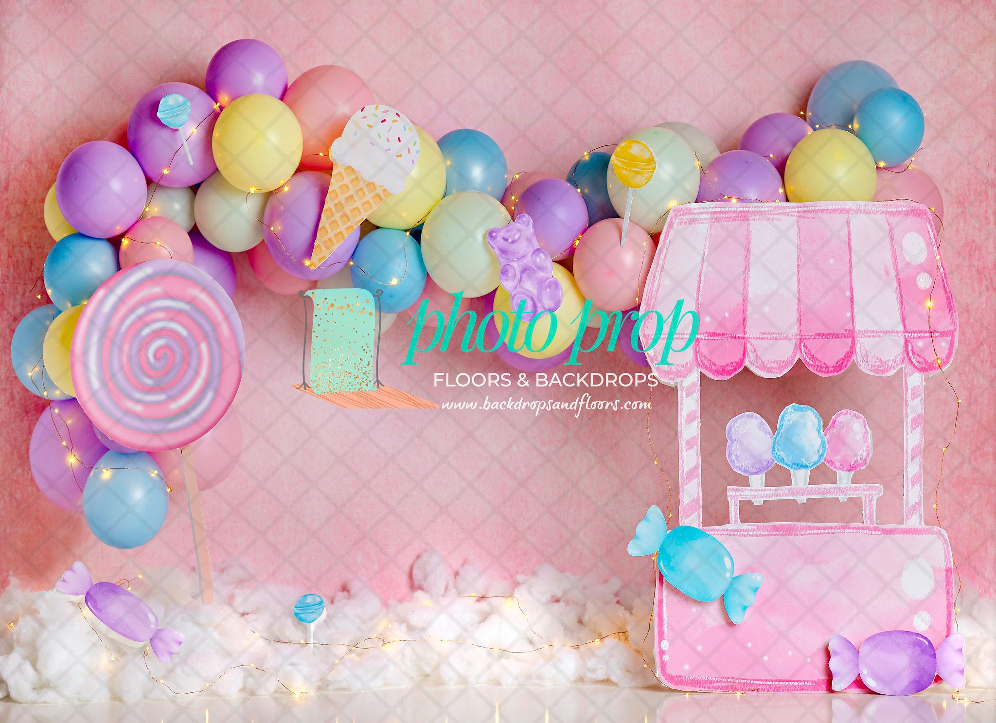 Candy Cart Photography Backdrop Ice Cream Cart Cotton Candy Gummy Cones Lollipops Candies Two Sweet 2 Sweet Desert Balloon