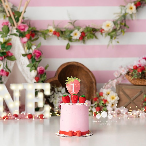 Strawberry Photography Backdrop - Tepee, Teepee, Flowers, Floral, Strawberries, Two Sweet, Fresh Picked, Shortcake, Fruit, Pink. Cake Smash