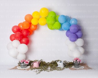 Rainbow Floral Balloon Arch Photography Backdrop - Spring, Flowers, Vines, Watering Cans, Tin Vases, Garland, Burlap, Minimalistic, Greenery